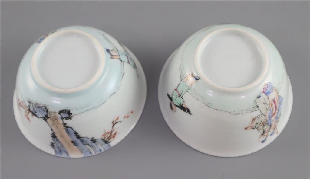A pair of Chinese famille rose 'sages tea bowls and saucers, Qianlong period, saucers 11.7cm diameter